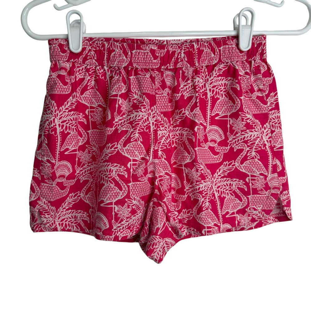 Vineyard Vines Shorts Girls M Pink Linen Cotton Flamingo Whale Preppy Beach